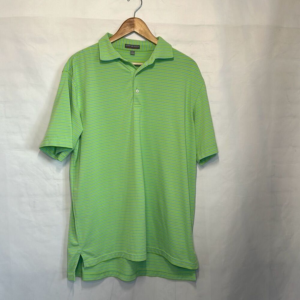 Peter Millar Summer Comfort Mens Green Blue Striped Golf Polo Shirt size L LOOK